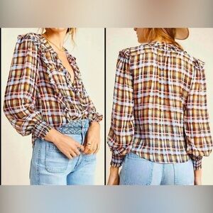 Maeve by Anthropologie Laila Long-Sleeve Plaid Ruffle Blouse Sheer Viscose Sz 4
